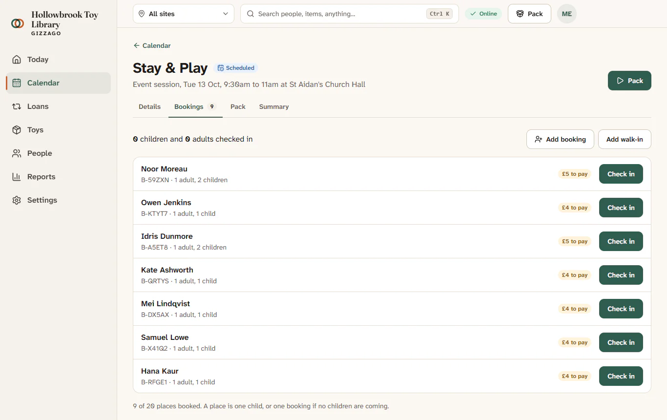 The Bookings tab of a Stay & Play session, with Kate Ashworth checked in and paid in cash