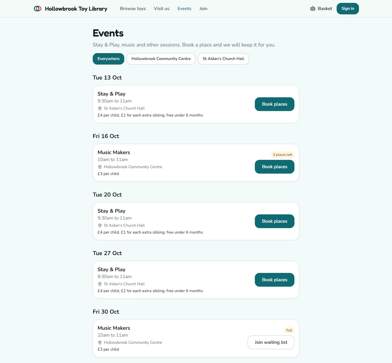 The public Events page for Hollowbrook Toy Library, listing Stay &amp; Play and Music Makers with Book places buttons