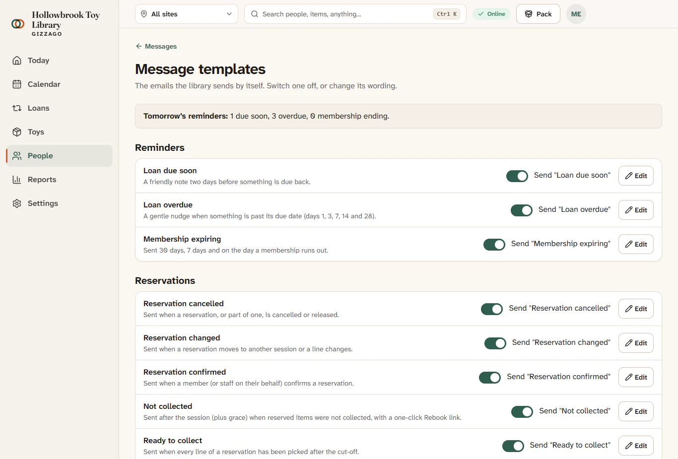 The Message templates page with the Reminders group, each message with a switch and an Edit button