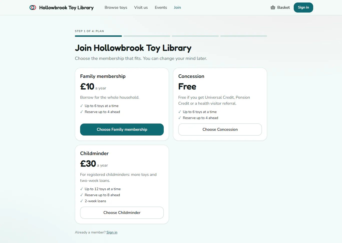 The Join page listing Hollowbrook Toy Library's membership plans with a Choose button on each