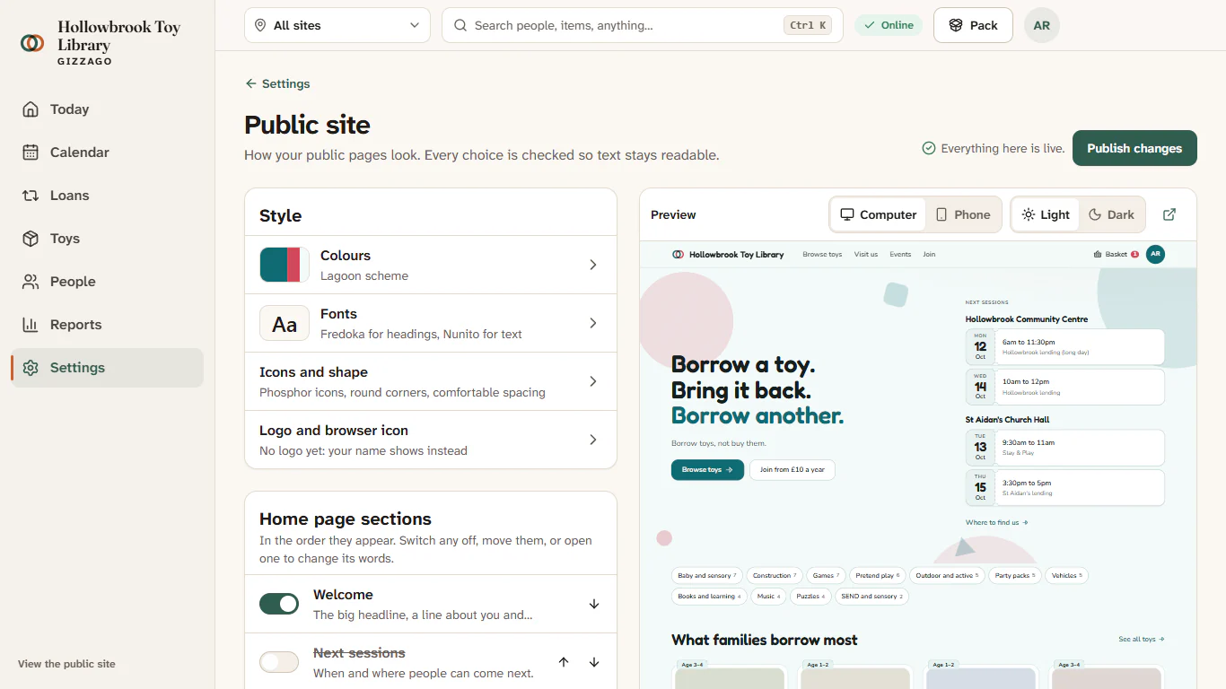 The Public site editor with the style list and home page sections on the left and the live preview on the right