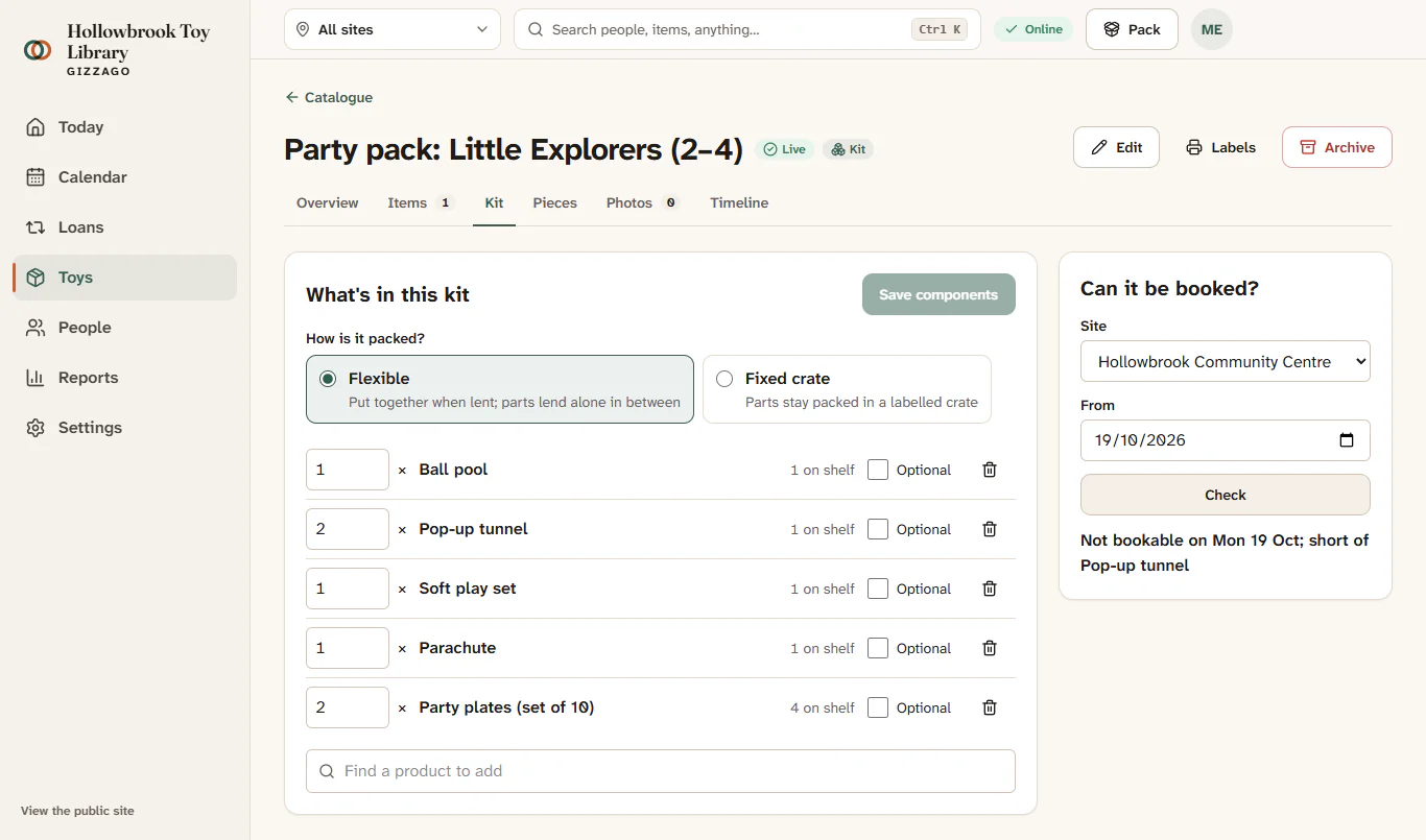 The Kit tab of a party pack, listing its parts with the stock on the shelf, and the answer to Can it be booked?