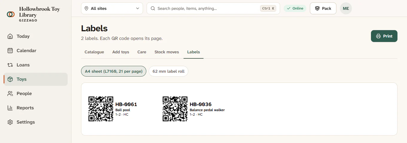 The Labels page showing a sheet of labels, each with a QR code, the toy's code, name, age, piece count and site